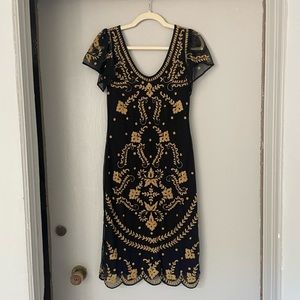 Chic Black and Gold Embroidered Midi Dress